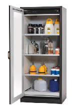 Bezpečnostní skříň s požární odolností 30min (levé dveře)_3x police, 1x perforovaná, 1x spodní záchytná vana, ocelový poplastovaný plech